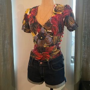 EUC Plenty by Tracy Reese Red Floral Side Button Short Sleeve Blouse Top Size 4